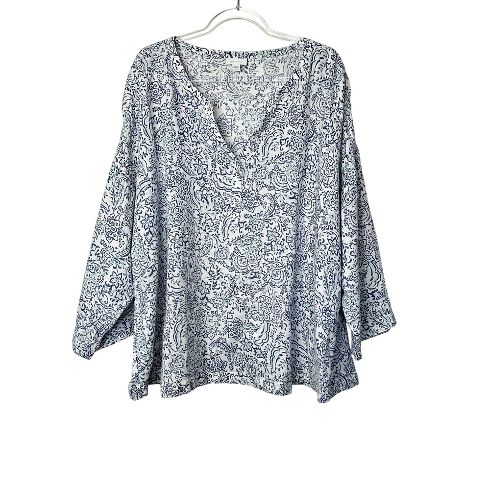 J Jill Love Linen Tunic Top Size 3X Blue White Paisley Floral Split Neck Boho